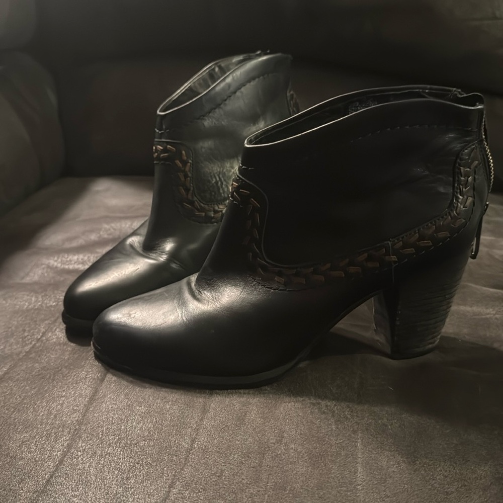 UGG Black Leather Ankle Booties with Brown Braided Trim